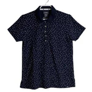 LL Bean Slightly Fitted Women's Black & White Polka Dot Polo Shirt top Size L